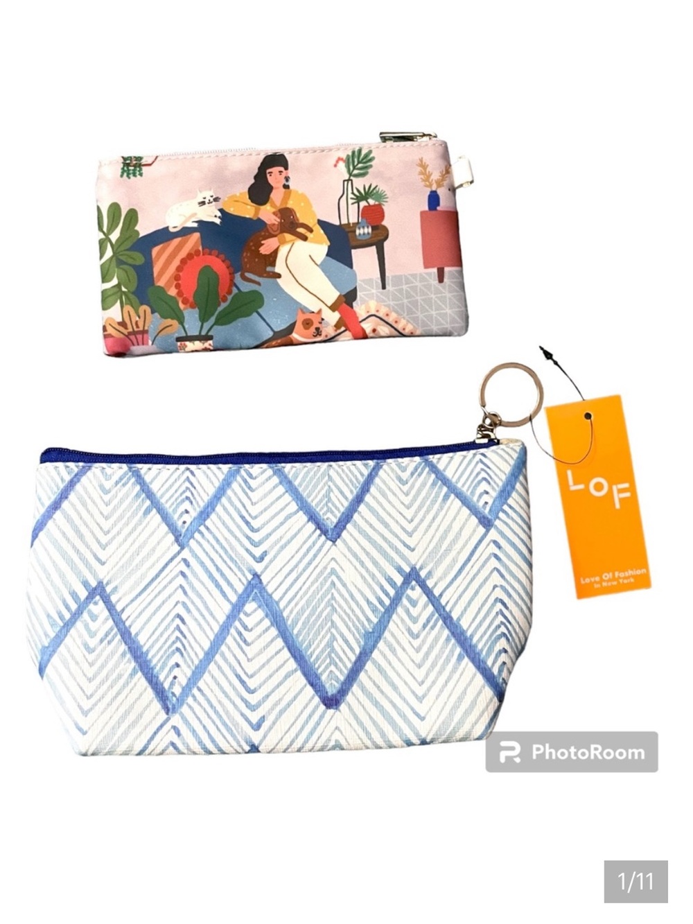 Cosmetic Makeup Pouch Clutch Bag Set - Blue White Chevron & Lady With Cat